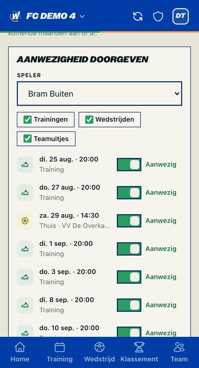 De agenda met per datum een schuifje op aanwezig of afwezig