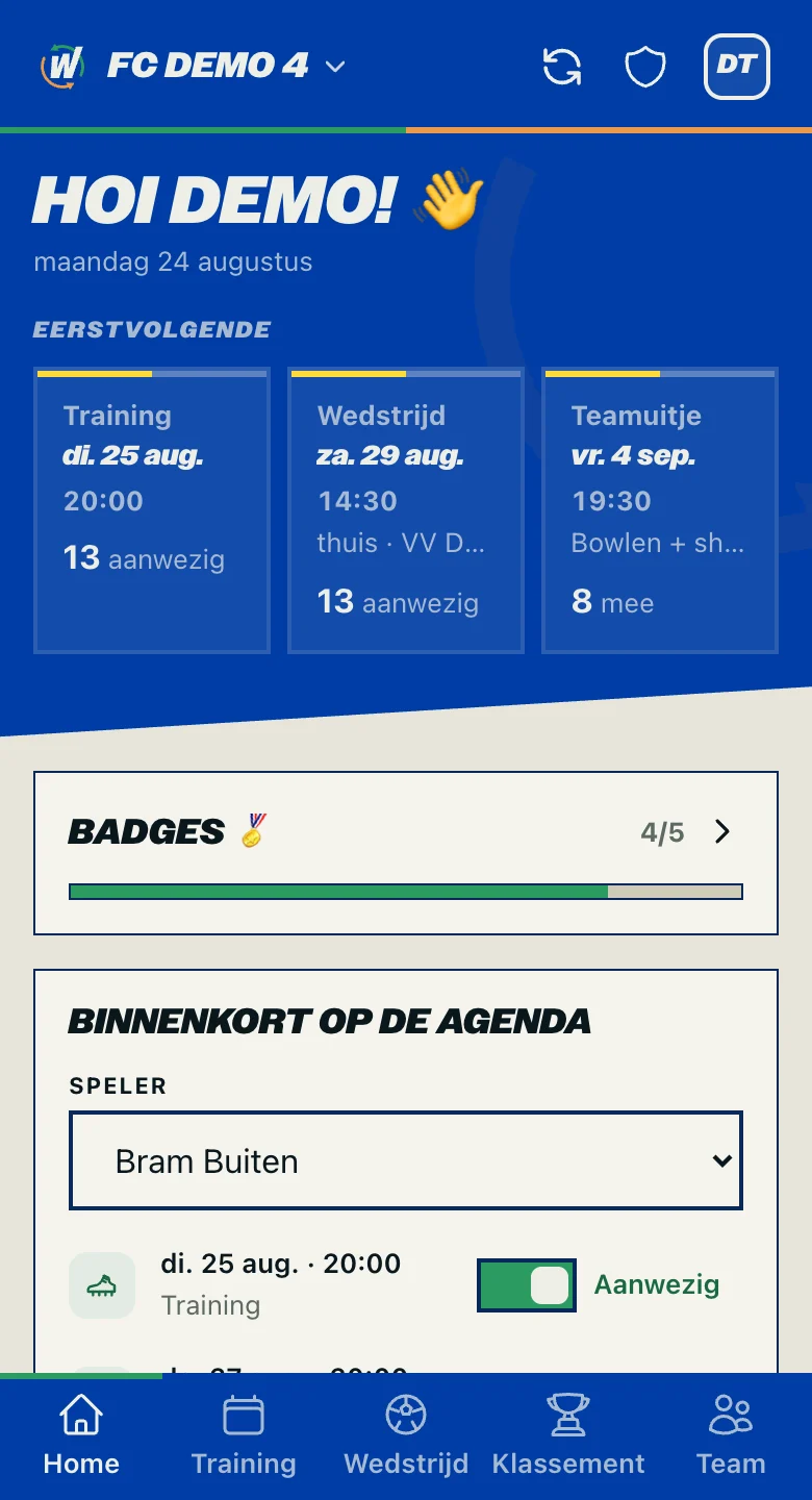 Het dashboard met de eerstvolgende training, de wedstrijd van zaterdag en het aantal aanmeldingen