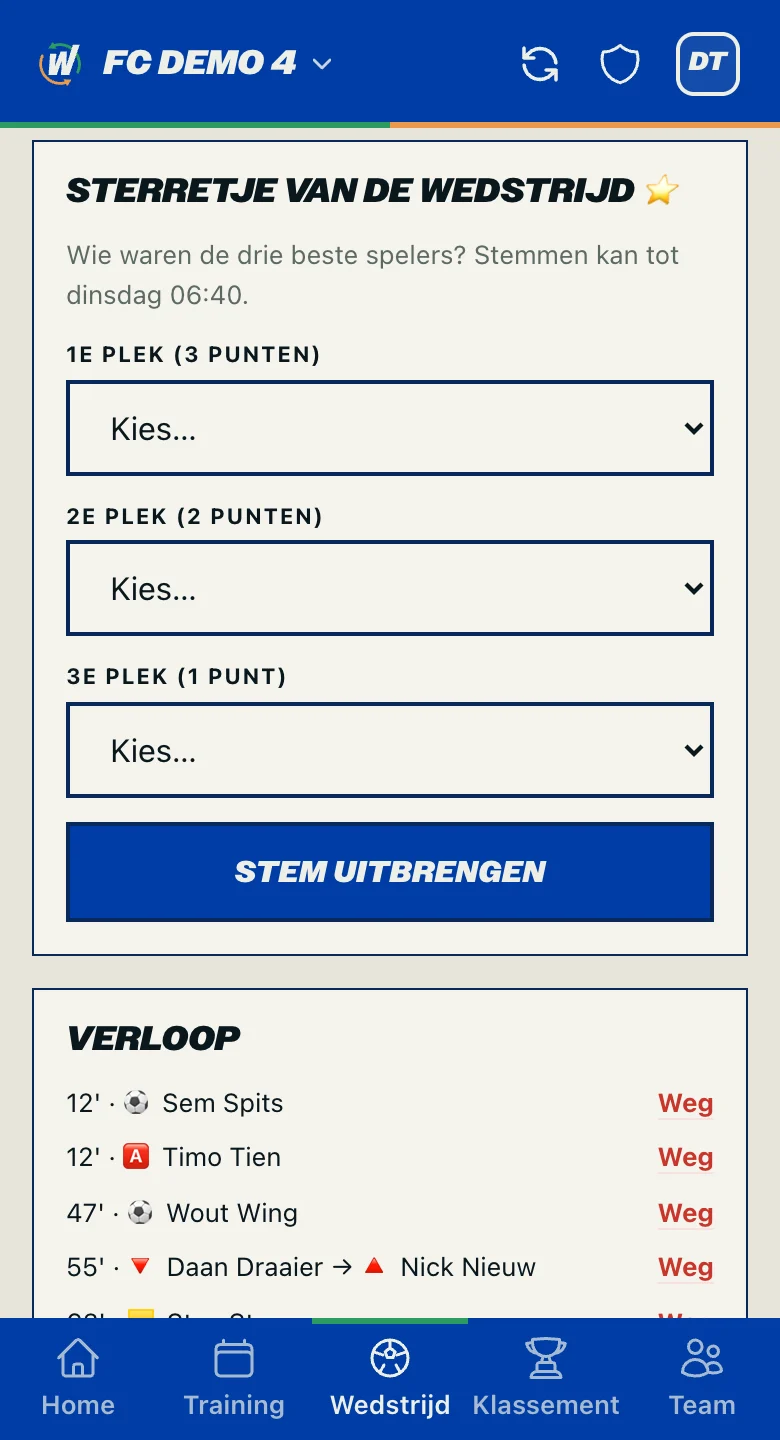 Het stemformulier voor het sterretje van de wedstrijd met een keuze voor plek 1, 2 en 3